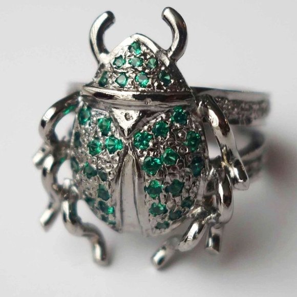 Large Beetle Natural Emeralds Diamonds Sterling Silver Cocktail Ring